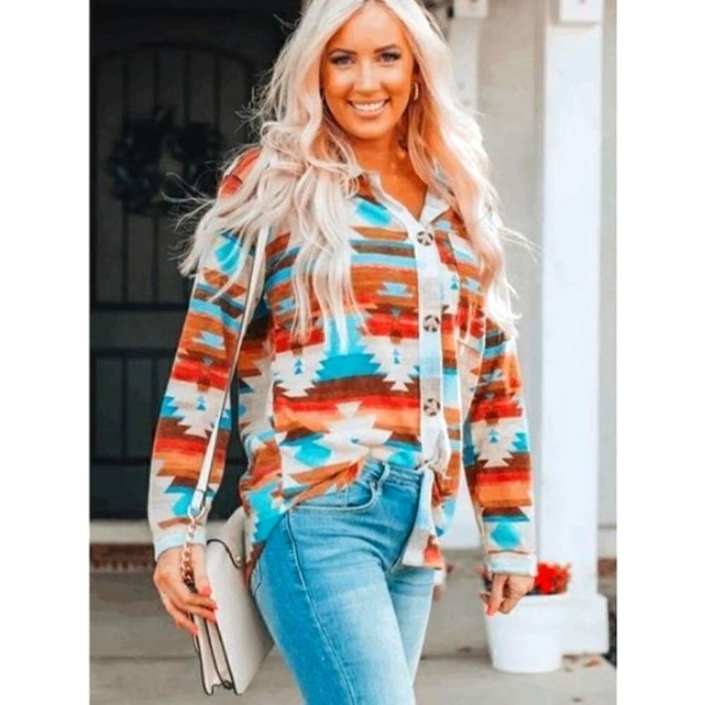 NATIVE TRIBAL PRINT BOHO WESTERN BUTTONED COLLAR SHIRT L & XL